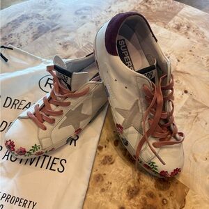 Golden Goose Superstar Sneakers with Pink Laces and Hand painted Floral Accents